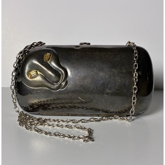 The Unbranded Brand Handbags - Vintage Mexican Metal Purse w/Art Deco Gem Eyed Panther, Velvet, Chain Strap